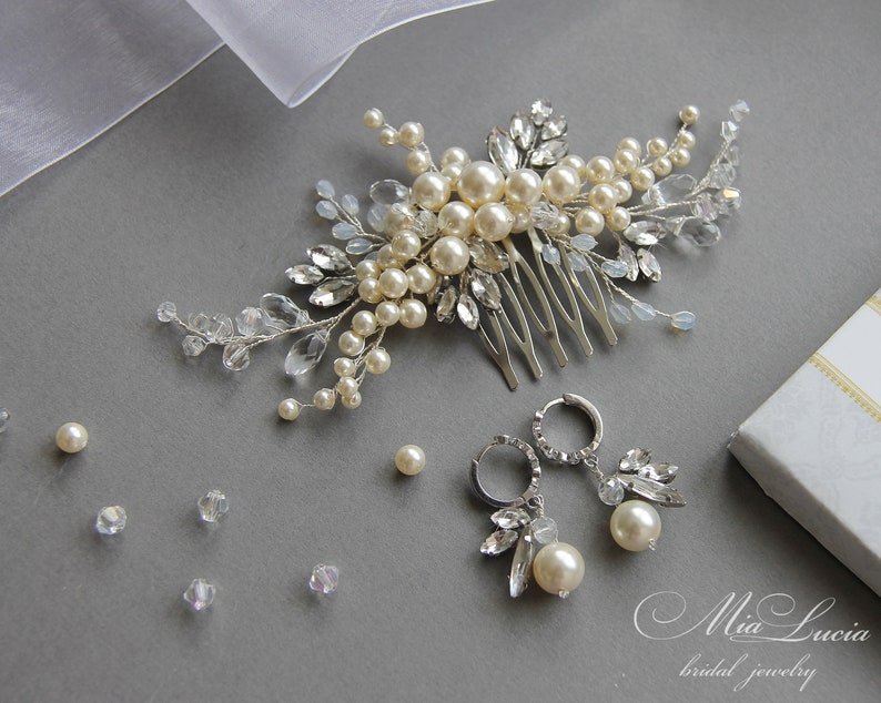 Pearl Crystal comb Wedding Comb Pearl Comb for brides h10 Pearl Bridal Comb Wedding Hair Accessory Wedding Hair Comb and earrings set