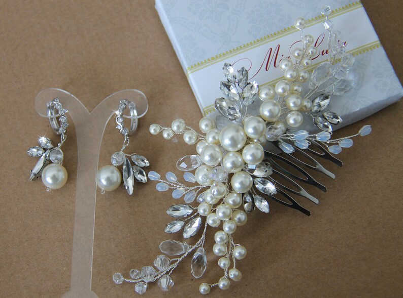 Pearl Crystal comb Wedding Comb Pearl Comb for brides h10 Pearl Bridal Comb Wedding Hair Accessory Wedding Hair Comb and earrings set