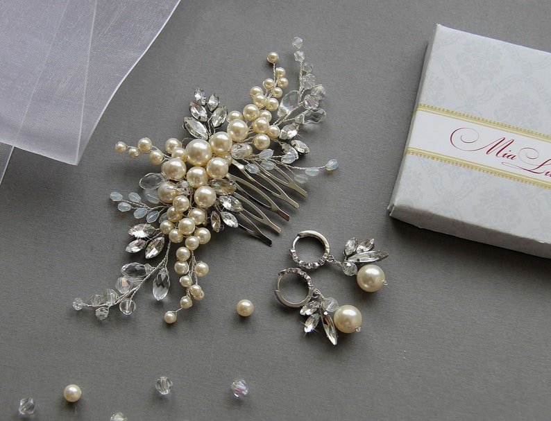 Pearl Crystal comb Wedding Comb Pearl Comb for brides h10 Pearl Bridal Comb Wedding Hair Accessory Wedding Hair Comb and earrings set