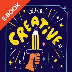 May include: E-book cover with a navy blue background featuring the words "the CREATIVE CAREER PATH" in yellow and white. A pencil is depicted as a sword held by an orange hand. The text "A PROCESS FOR STRIKING the BALANCE BETWEEN ART & £" is also included.
