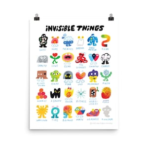 May include: A poster titled "INVISIBLE THINGS" displays colourful illustrations of concepts such as "GUTS," "HOPE," and "DREAM." Each concept is represented by a unique, whimsical character. The poster is held by two black binder clips.