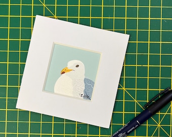 mini SEAGULL ART PRINT Signed Giclee with mount 4” by 4”