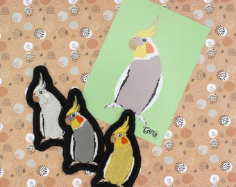 COCKATIEL PATCH embroidered Sew on or POSTCARD sized print