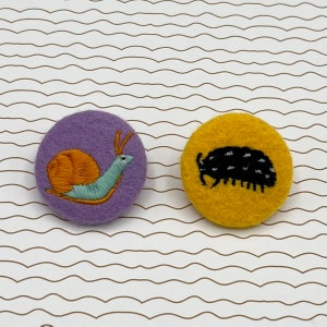 EMBROIDERED SNAIL or WOODLOUSE Pillbug Pin , Vegan Felt Handmade Brooch