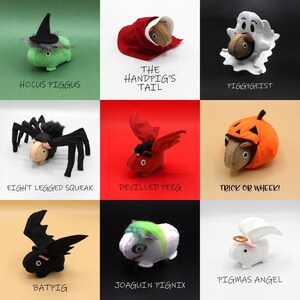 May include: Nine different Halloween costumes for guinea pigs. Each costume is made of felt and features a different Halloween theme, including a witch, a ghost, a spider, a devil, a pumpkin, a bat, a unicorn, and an angel. The costumes are all handmade and would make a great gift for any guinea pig lover.