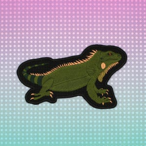 May include: Embroidered patch of a green iguana with orange spines and accents, edged in black. The iguana is shown in profile, with detailed claws and scales. The background is a gradient of pink, purple, and blue with white polka dots.