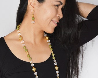 Antique Serpentine Long Necklace, Rock Crystal Quartz, 22k Vermeil