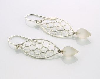 Sterling Silver Dangle Earrings – Frosted Quartz Acorn, Samarkand Style