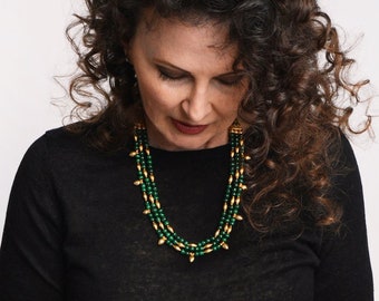 Mughal inspired bib necklace in precious A Grade malachite & 24k vermeil