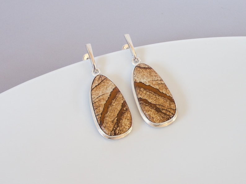 Namibian picture jasper /& sterling silver bezel dangle earrings \u2013 Fieldstone E016 Earrings