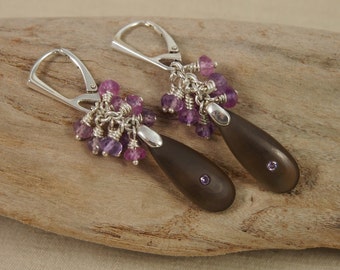 Feminine yet unfussy cascade earrings in frosted smokey quartz, mauve and pink sapphire, purple cubic zirconia & sterling silver