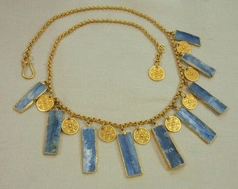 PRICE REDUCED! Shades of the ancient Aegean in a lavish charm necklace of raw blue kyanite & 24k vermeil