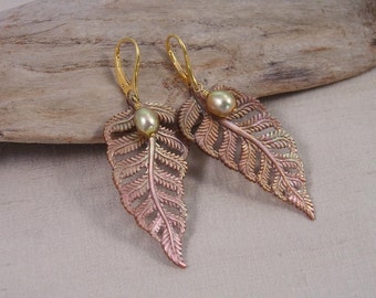 Hand Carved Oyster Shell Earrings, Freshwater Pearl, Vermeil Fern Fronds