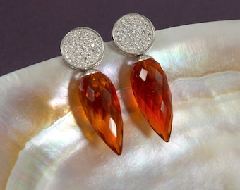 Spikey sparkle in post/stud earrings of fire opal orange faceted glass crystal, cubic zirconia & sterling silver