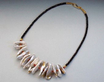 Biwa Pearl Necklace, Cherry Red & Black Spinel, 24k Vermeil