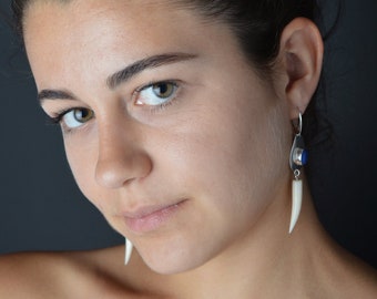 Edgy cowgirl dangle earrings in vintage cowbone & upcycled Navajo sterling silver and lapis lazuli components