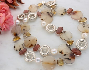 Montana Agate Long Necklace, Sunstone, Pearl, Sterling Silver