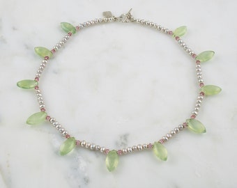 Delicate pastel green freshwater pearl, prehnite, pink topaz & sterling silver necklace – Pangalia 005 Necklace