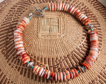 Spiny Oyster & Turquoise Necklace, Vintage Bali Sterling Silver, Southwestern Style