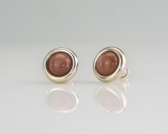 Peach Moonstone Sterling Silver Stud Earrings – Minimalist Jewelry