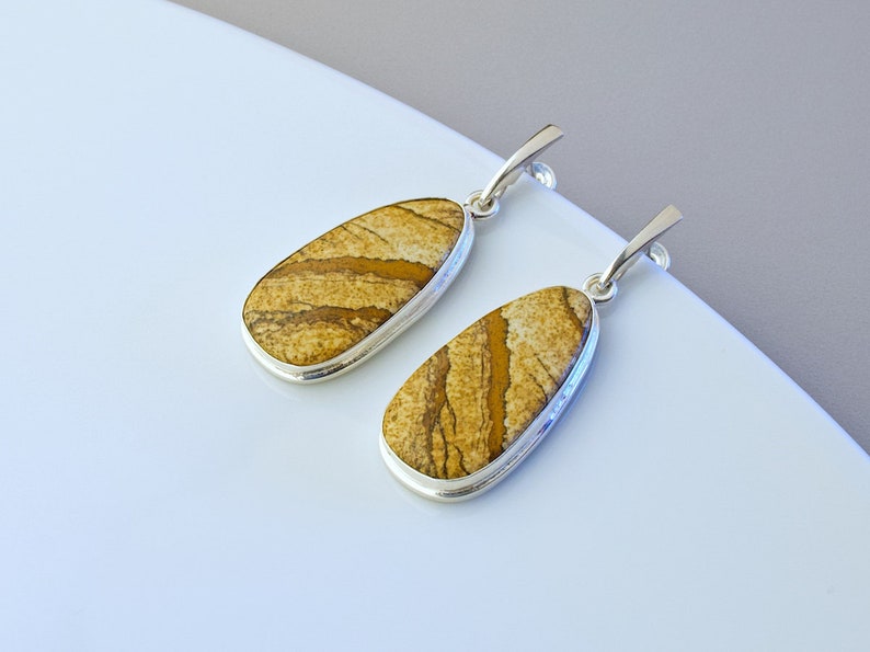 Namibian picture jasper /& sterling silver bezel dangle earrings \u2013 Fieldstone E016 Earrings