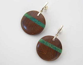 Earthy intarsia dangle earrings in polished ironstone, Russian amazonite & sterling silver