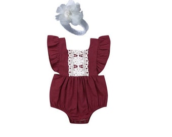 burgundy baby romper