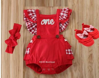red gingham romper baby