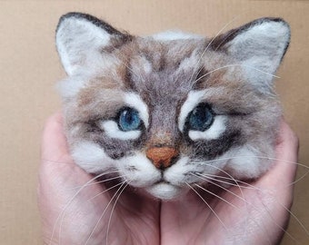 Needle felted tabby birman cat head sculpture