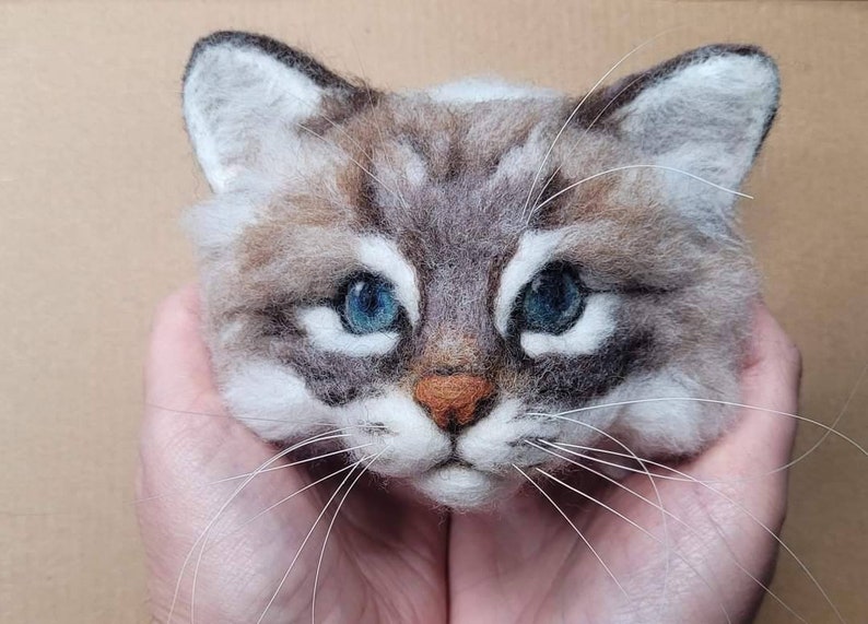 Needle felted tabby birman cat head sculpture image 1