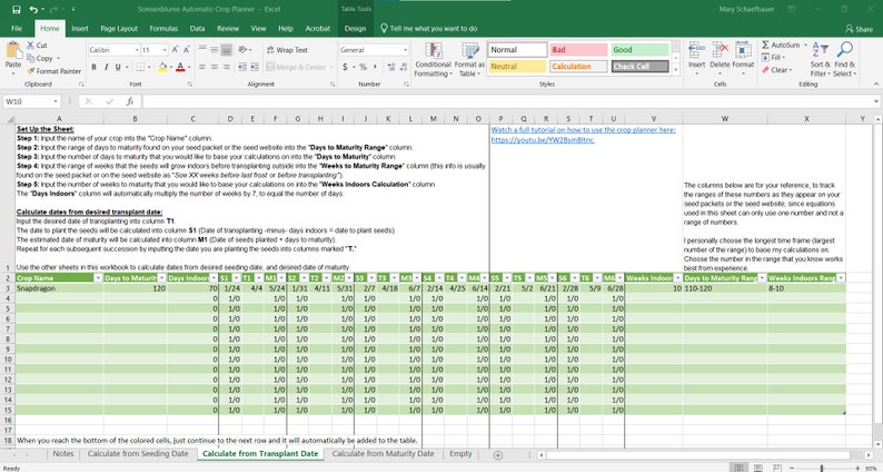 May include: A spreadsheet with a green and white color scheme, titled "Sommerblume Automatic Crop Planner." It includes columns for crop names, days to maturity, and dates. Text instructions are visible.