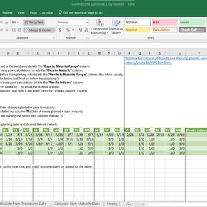 May include: A screenshot of a Microsoft Excel spreadsheet with data related to crop planning. The spreadsheet includes columns for crop names, days to maturity, and planting dates. The text "Days to Maturity Range" and "Weeks Indoors Range" are visible.