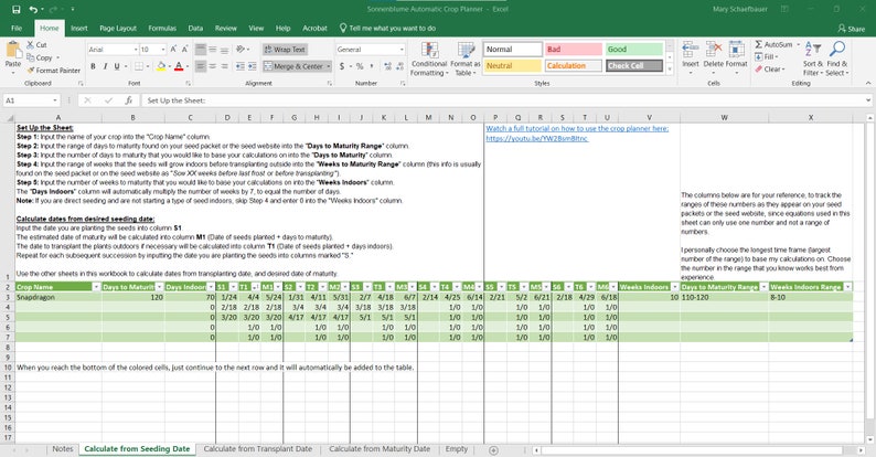 May include: A screenshot of a Microsoft Excel spreadsheet with data related to crop planning. The spreadsheet includes columns for crop names, days to maturity, and planting dates. The text "Days to Maturity Range" and "Weeks Indoors Range" are visible.