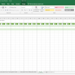 May include: Screenshot of an Excel spreadsheet with a green and white table layout. The spreadsheet is labeled "Sowenborne Automatic Crop Planner". The top row includes column headers such as "Crop Name" and "Days to Maturity".