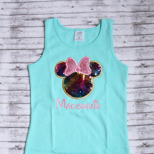 Mermaid Sequin Minnie Tank Top, Girls Disney Tank Top, Sequin Minnie Head Shirt, Girls Disney Outfit