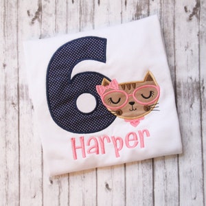 Embroidered Cat Birthday Shirt, Girls Kitten Birthday T-shirt, Little Girls Birthday Outfit, image 1