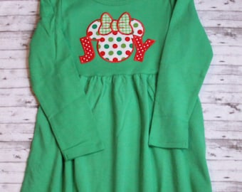 Christmas Minnie Mouse Dress, Embroidered Joy Minnie Christmas girls dress, Long sleeve disney dress, Girls Christmas Disney Dress