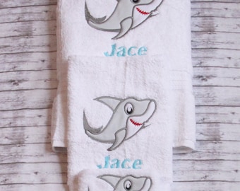 Shark towel set, Embroidered Shark bath towels, Boys bathroom decor, Shark Bathroom decor, Ocean Theme Bathroom Decor