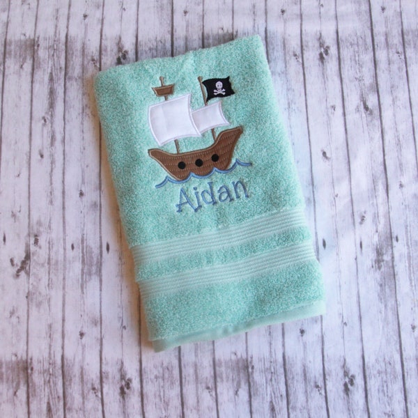 Pirate Ship hand towel, Embroidered Pirate hand towel, Little boys bathroom decor, pirate bathroom decor