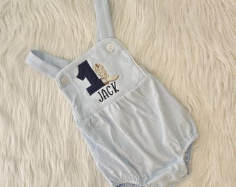 Embroidered Cowboy Boots Sunsuit, Monogrammed Western Birthday Outfit