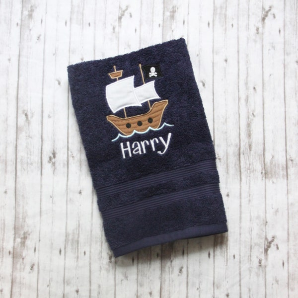 Pirate Ship hand towel, Embroidered Pirate hand towel, Little boys bathroom decor, pirate bathroom decor