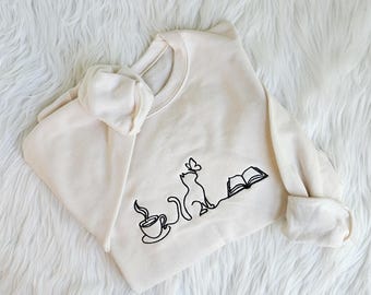 Cats, Books and Coffee Embroidered Sweatshirt