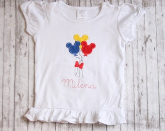 Monogrammed Disney Balloon Ruffle Shirt, Minnie Mouse Shirt, Girls Disney Shirt, Embroidered Minnie T-shirt