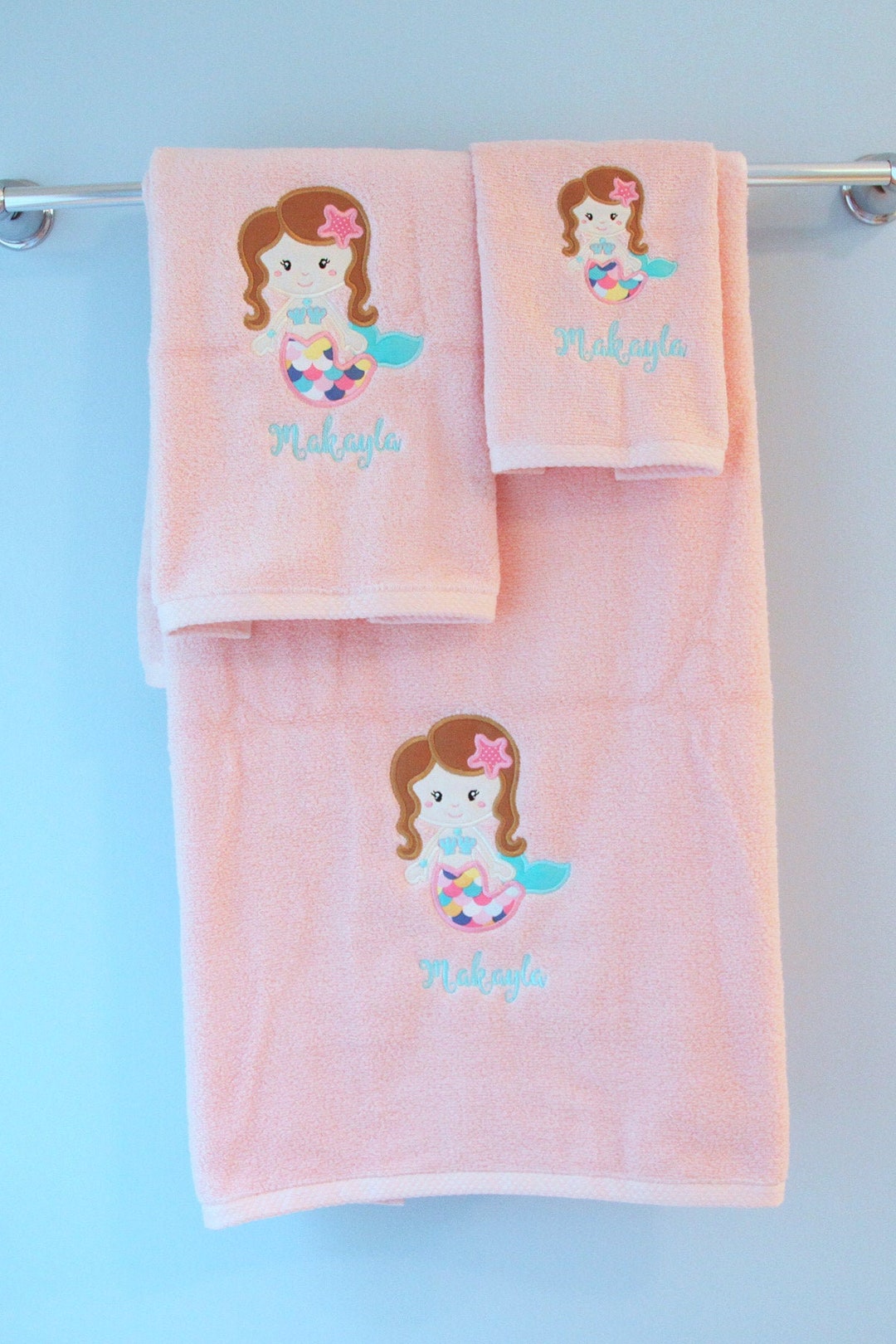 Mermaid Towel Set, Embroidered Bath Towel, Little Girls Bathroom Decor