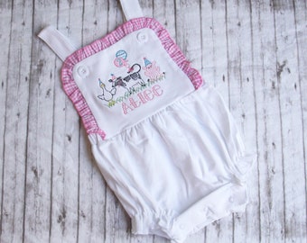 Embroidered Girls Sunsuit, Barnyard Animal Birthday Outfit