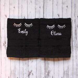 makeup washcloth, black makeup towel, embroidered bath wash cloth, monogrammed bath wash cloth, eyelash washcloth
