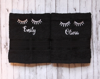 makeup washcloth, black makeup towel, embroidered bath wash cloth, monogrammed bath wash cloth, eyelash washcloth