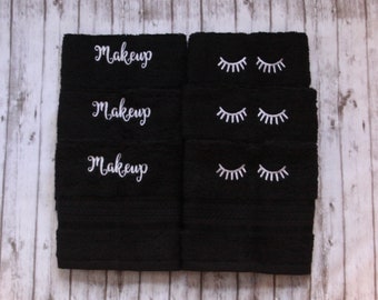 makeup washcloth, black makeup towel, embroidered bath wash cloth, monogrammed bath wash cloth, eyelash
