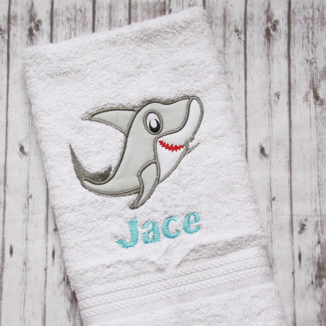 Shark Towel Set Embroidered Shark Bath Towels Boys Bathroom Etsy