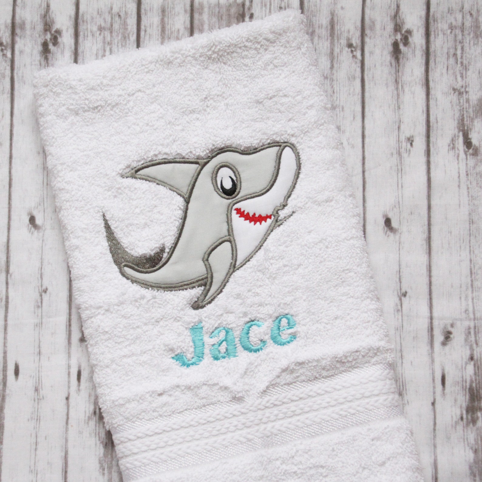 Shark Towel Set Embroidered Shark Bath Towels Boys Bathroom Etsy